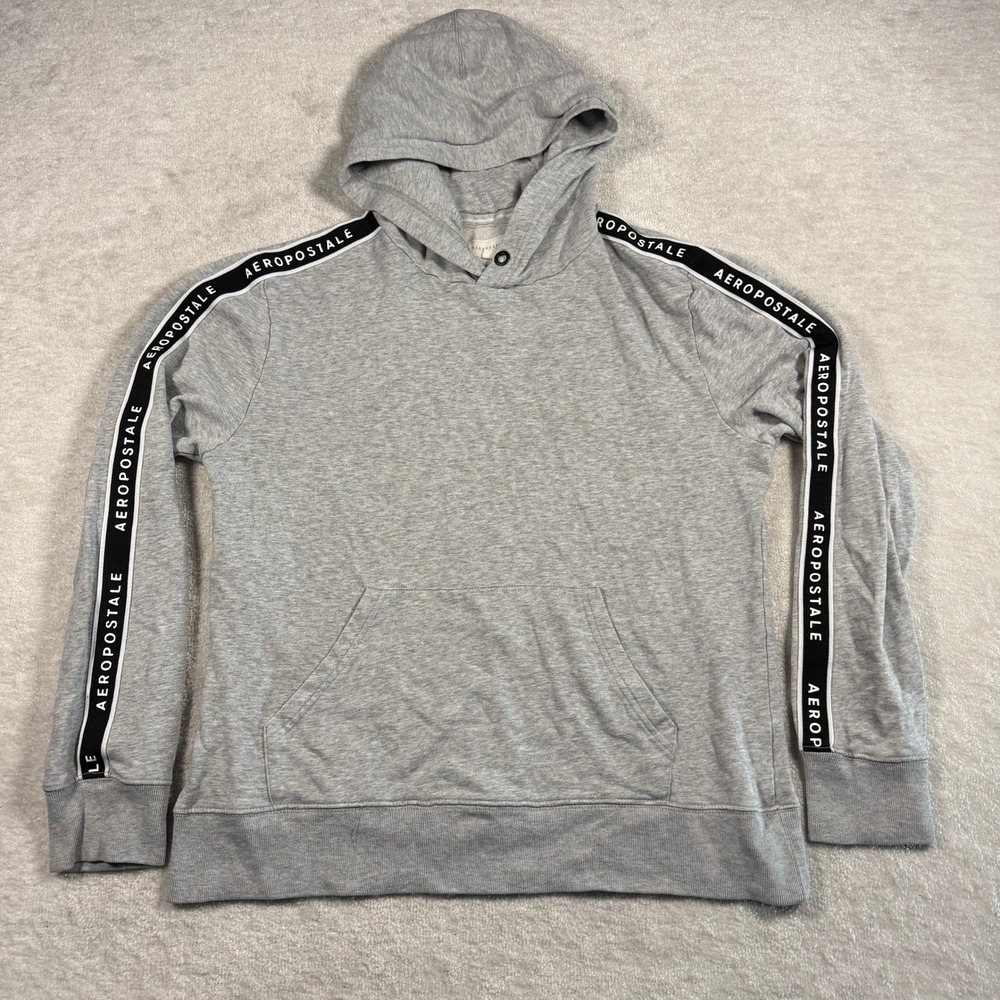 Aeropostale Hoodie Mens Medium Gray Logo Tape Sleeve Pullover Sweatshirt Casual